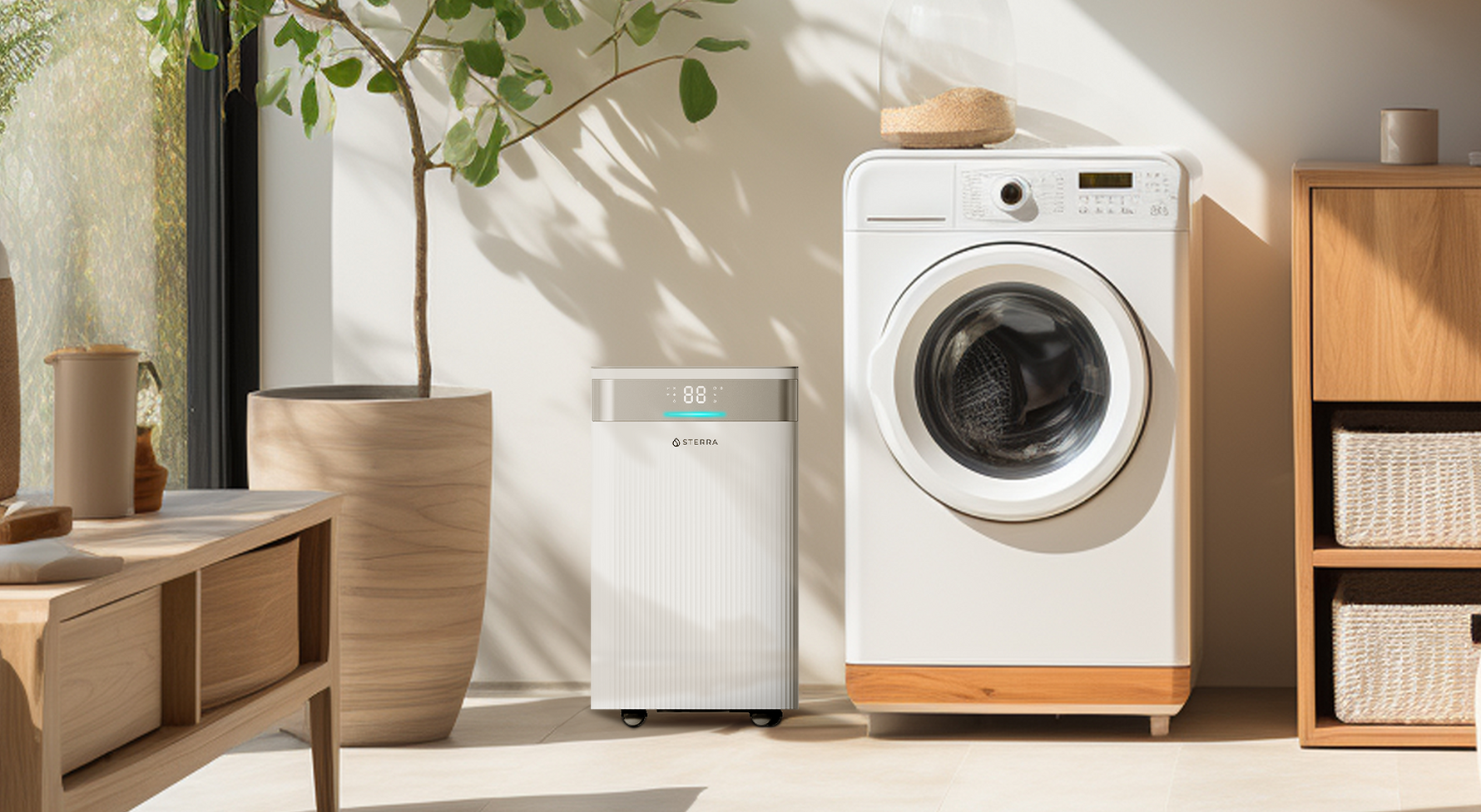 Laundry room with a modern washing machine and a sleek dehumidifier next to a potted plant.