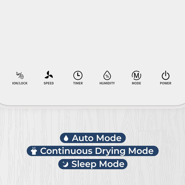 Dehumidifier control panel with icons for various modes and functions.