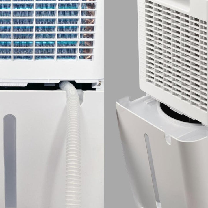 Close-up of a dehumidifier's hose connection and water reservoir.