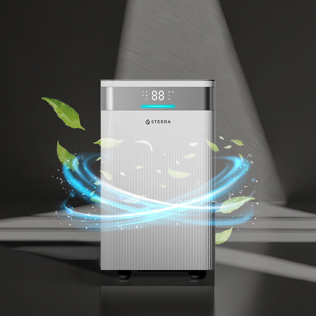 Sterra air purifier with digital display, surrounded by swirling leaves and blue energy.